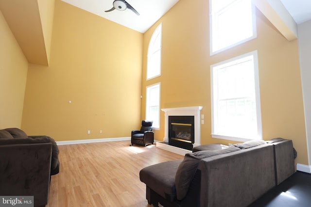 14714 Mount Calvert Rd, Upper Marlboro, MD 20772 - living area featuring light wood finished floors, a glass covered fireplace, a towering ceiling, and baseboards