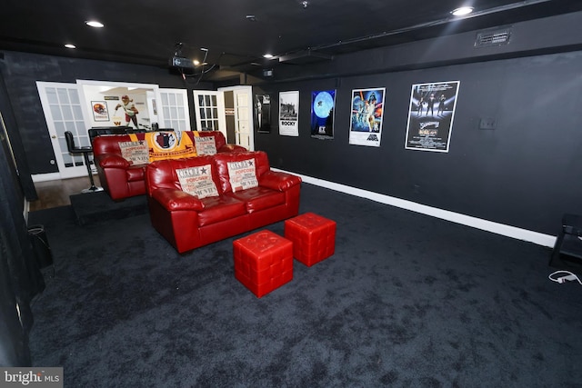 14714 Mount Calvert Rd, Upper Marlboro, MD 20772 - carpeted cinema room featuring french doors, baseboards, and recessed lighting
