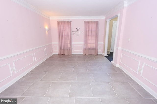 14714 Mount Calvert Rd, Upper Marlboro, MD 20772 - hallway featuring a decorative wall, ornamental molding, ornate columns, a wainscoted wall, and tile patterned floors