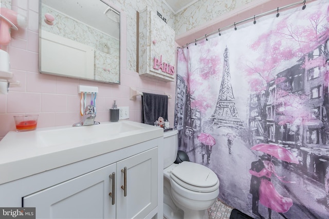 724 S W Ave, Vineland, NJ 08360 - bathroom with toilet, vanity, tile walls, decorative backsplash, and curtained shower
