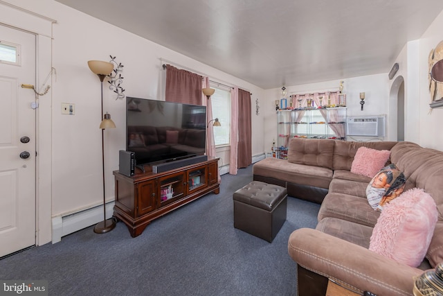 724 S W Ave, Vineland, NJ 08360 - living room with carpet flooring, a baseboard radiator, and arched walkways