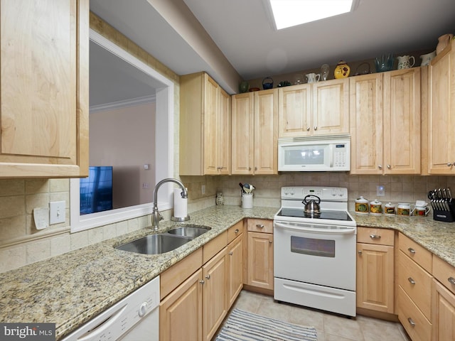 30619 Cedar Neck Rd Unit 1101, Ocean View, DE 19970 - kitchen featuring white appliances, a sink, light brown cabinets, tasteful backsplash, and light tile patterned floors