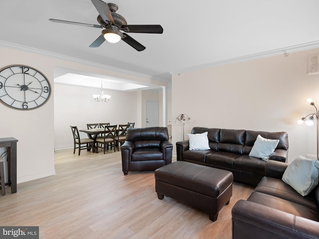 30619 Cedar Neck Rd Unit 1101, Ocean View, DE 19970 - living area featuring ornamental molding, light wood-style flooring, a chandelier, a ceiling fan, and baseboards