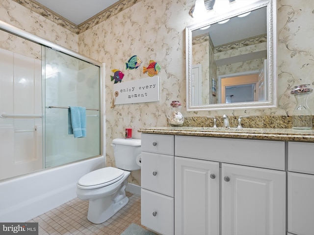 30619 Cedar Neck Rd Unit 1101, Ocean View, DE 19970 - bathroom with wallpapered walls, vanity, toilet, tile patterned flooring, and shower / bath combination with glass door