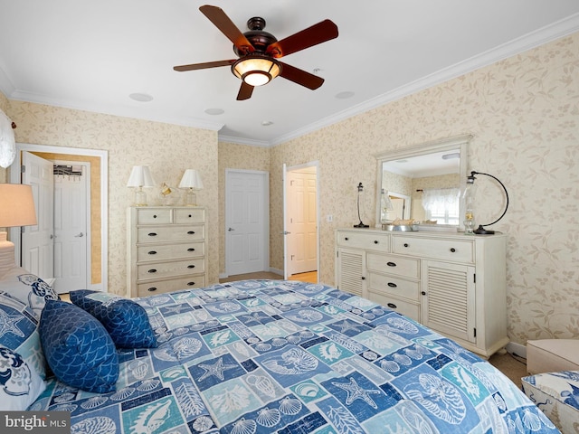 30619 Cedar Neck Rd Unit 1101, Ocean View, DE 19970 - bedroom featuring wallpapered walls, ornamental molding, and ceiling fan