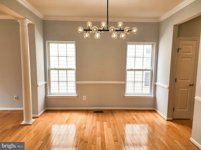 9120 Stonegarden Dr, Lorton, VA 22079 - empty room featuring decorative columns, wood-type flooring, plenty of natural light, baseboards, and ornamental molding