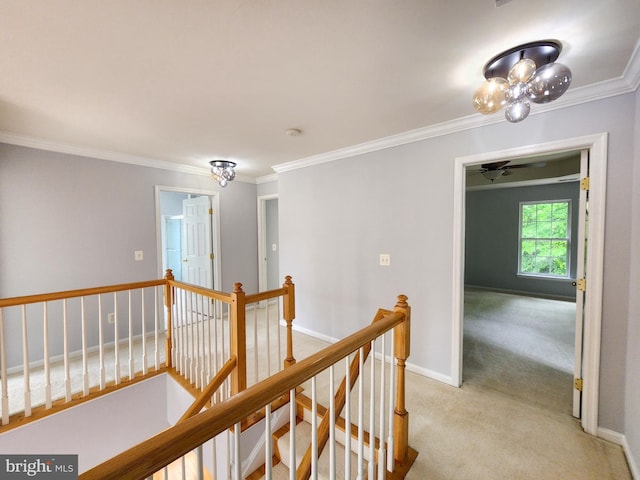 9120 Stonegarden Dr, Lorton, VA 22079 - corridor with an upstairs landing, light colored carpet, crown molding, and baseboards