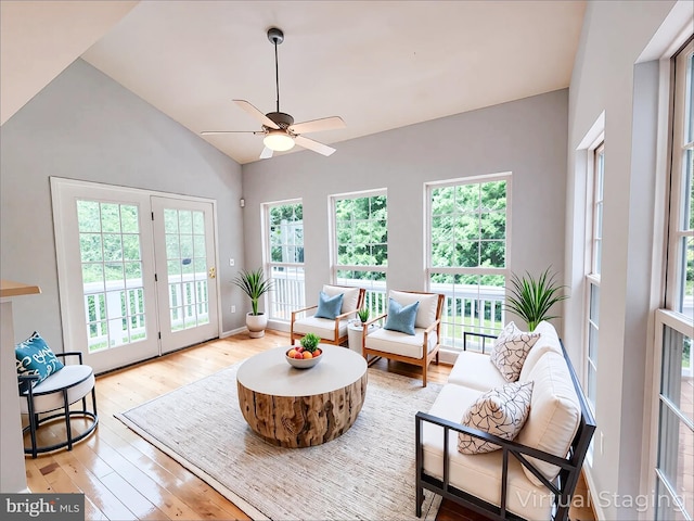 9120 Stonegarden Dr, Lorton, VA 22079 - living room featuring light wood-style floors, healthy amount of natural light, ceiling fan, and high vaulted ceiling