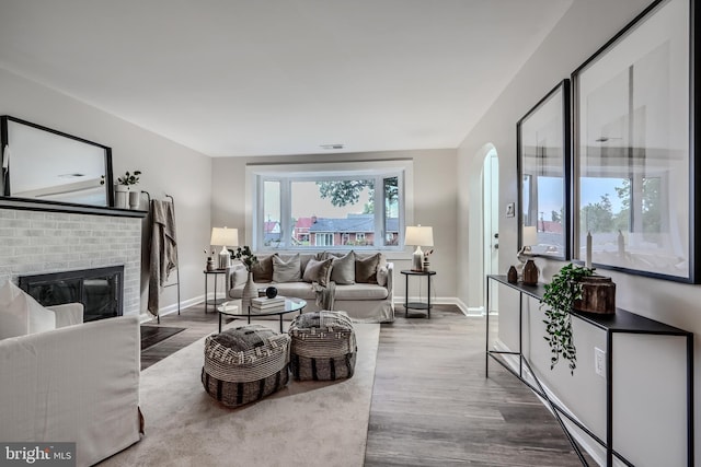 6505 Corkley Rd, Baltimore, MD 21237 - living area with wood finished floors, plenty of natural light, a fireplace, and baseboards