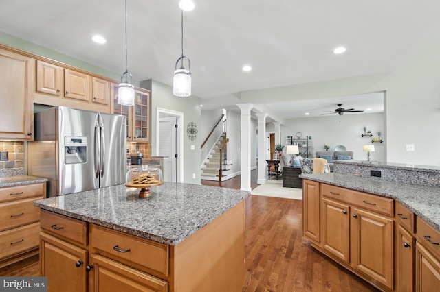 14894 Michele Dr, Glenelg, MD 21737 - kitchen featuring stainless steel fridge with ice dispenser, a ceiling fan, tasteful backsplash, dark wood-style flooring, and recessed lighting