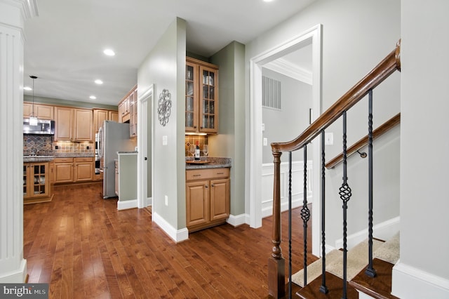 14894 Michele Dr, Glenelg, MD 21737 - corridor with dark wood-style floors, stairs, recessed lighting, and baseboards