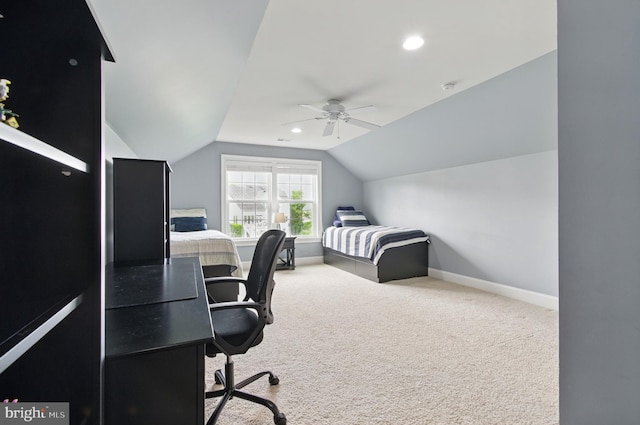 14894 Michele Dr, Glenelg, MD 21737 - carpeted bedroom featuring vaulted ceiling, baseboards, a desk, ceiling fan, and recessed lighting