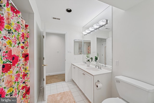 2 Collage Ct, Cherry Hill, NJ 08003 - bathroom with tile patterned floors, double vanity, toilet, and a shower with shower curtain
