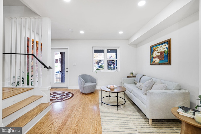 2220 13th St NE, Washington, DC 20018 - living room featuring recessed lighting, stairway, wood finished floors, and baseboards