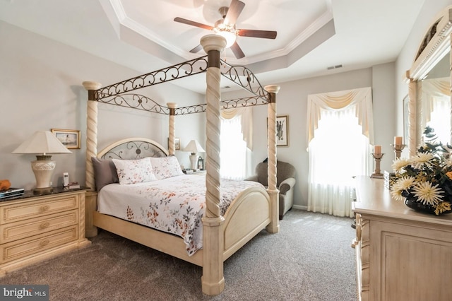 44 Heals Farm Rd, Burlington, NJ 08016 - bedroom with dark colored carpet, ornamental molding, a tray ceiling, and ceiling fan