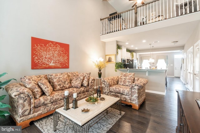 44 Heals Farm Rd, Burlington, NJ 08016 - living area featuring dark wood-type flooring, baseboards, a towering ceiling, a ceiling fan, and recessed lighting