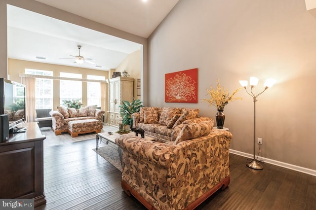 44 Heals Farm Rd, Burlington, NJ 08016 - living area featuring vaulted ceiling, ceiling fan, dark wood-style floors, and baseboards