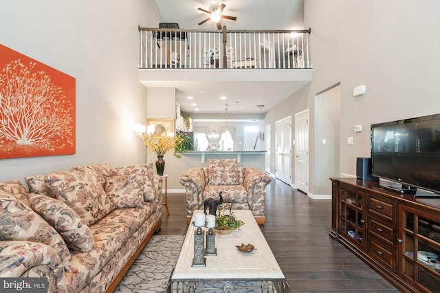44 Heals Farm Rd, Burlington, NJ 08016 - living room with wood finished floors, baseboards, ceiling fan, and a towering ceiling