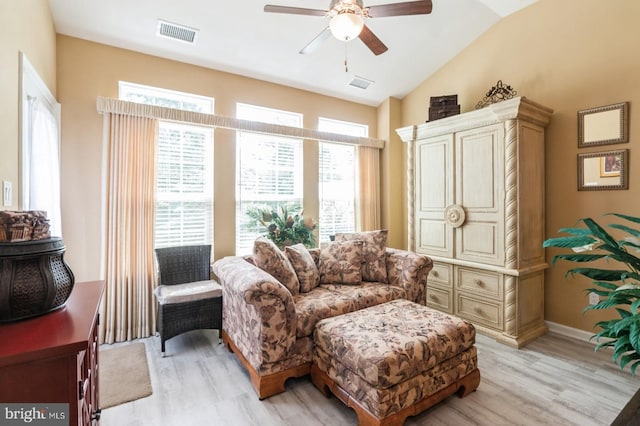 44 Heals Farm Rd, Burlington, NJ 08016 - living area with light wood-style flooring, ceiling fan, vaulted ceiling, and baseboards