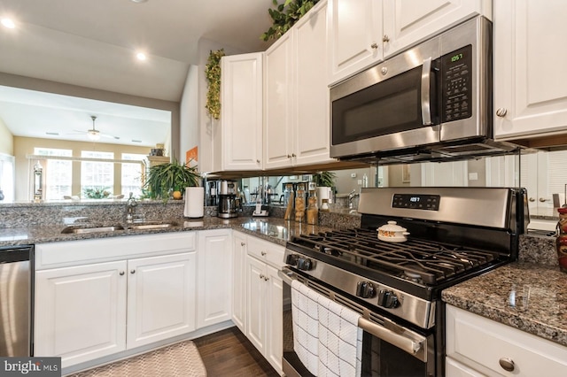 44 Heals Farm Rd, Burlington, NJ 08016 - kitchen with stainless steel appliances, ceiling fan, a sink, white cabinets, and recessed lighting