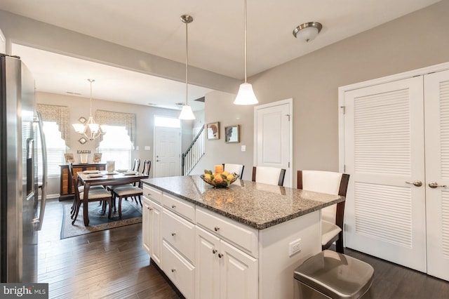 44 Heals Farm Rd, Burlington, NJ 08016 - kitchen featuring stainless steel refrigerator with ice dispenser, a center island, white cabinetry, and dark wood-style floors