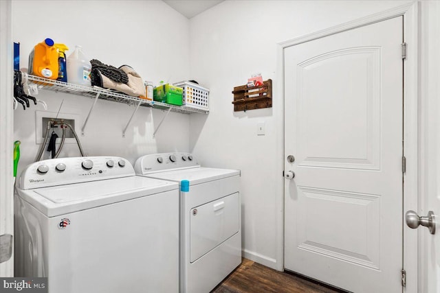163 Hyde Park Ln, Charles Town, WV 25414 - laundry room featuring washer and dryer, dark wood-type flooring, and baseboards