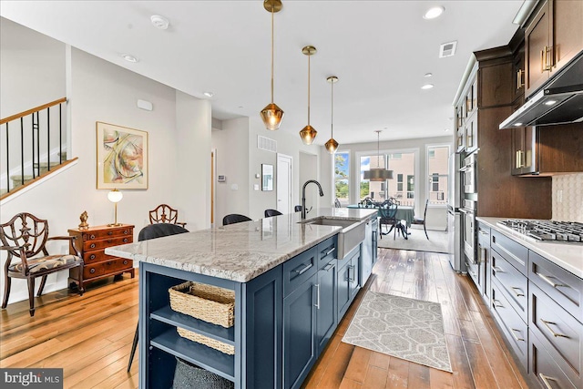 368 Star Tavern Ln, West Chester, PA 19382 - kitchen featuring a sink, appliances with stainless steel finishes, light wood-type flooring, a kitchen island with sink, and open shelves