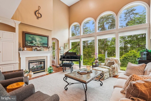 18403 Rim Rock Cir, Leesburg, VA 20176 - living room featuring a towering ceiling, healthy amount of natural light, a fireplace with flush hearth, and wood finished floors