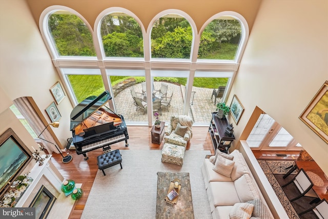 18403 Rim Rock Cir, Leesburg, VA 20176 - living area with a towering ceiling, wood finished floors, healthy amount of natural light, and a premium fireplace