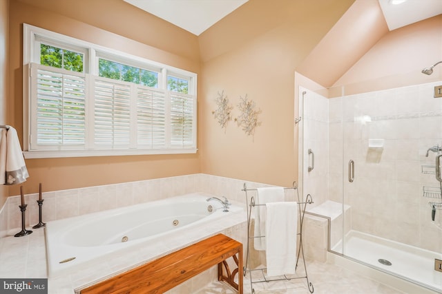 18403 Rim Rock Cir, Leesburg, VA 20176 - full bathroom with a jetted tub, a shower stall, tile patterned floors, and lofted ceiling
