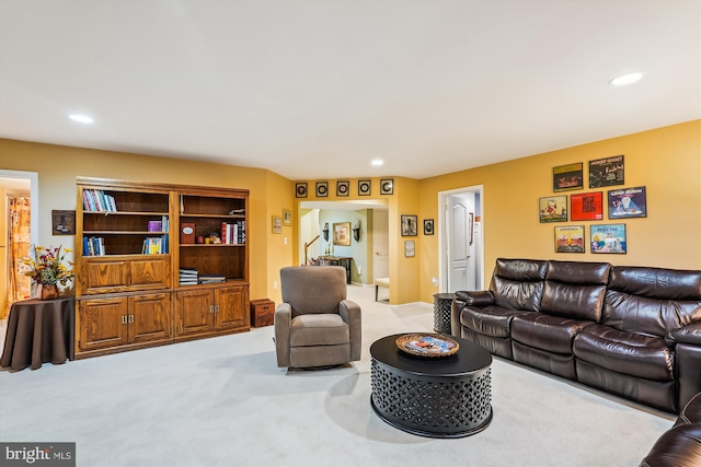 18403 Rim Rock Cir, Leesburg, VA 20176 - living area featuring stairway, carpet, and recessed lighting