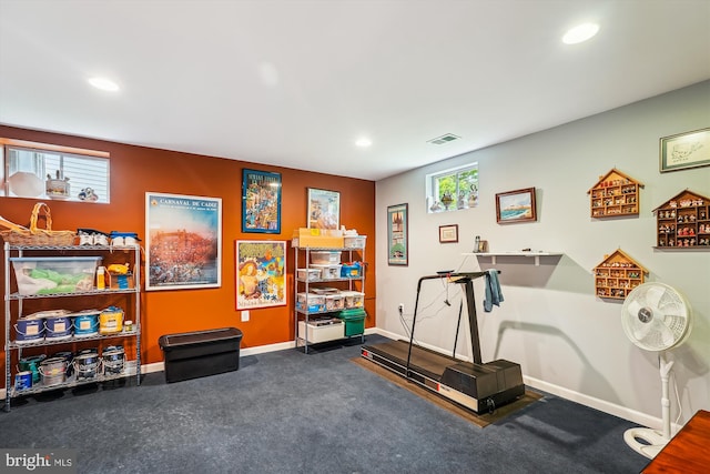 18403 Rim Rock Cir, Leesburg, VA 20176 - workout room with recessed lighting, baseboards, and carpet floors