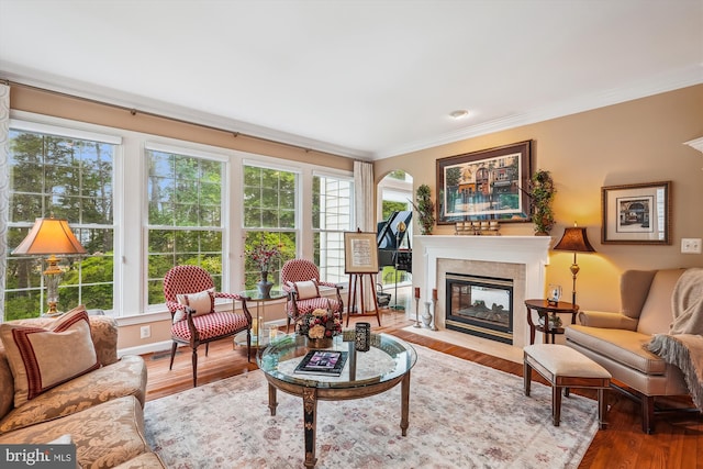 18403 Rim Rock Cir, Leesburg, VA 20176 - living room featuring plenty of natural light, a high end fireplace, ornamental molding, wood finished floors, and baseboards