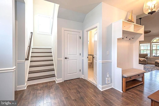 24440 Harvest Cir, Milton, DE 19968 - hallway with dark wood-style flooring, baseboards, and stairs
