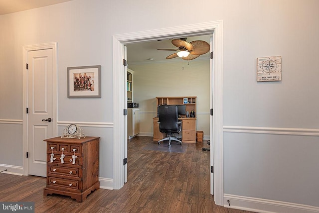24440 Harvest Cir, Milton, DE 19968 - hall with dark wood-style flooring, an office area, and baseboards