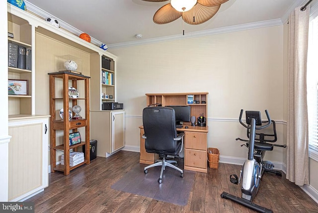 24440 Harvest Cir, Milton, DE 19968 - home office featuring dark wood-style floors, a ceiling fan, ornamental molding, and baseboards
