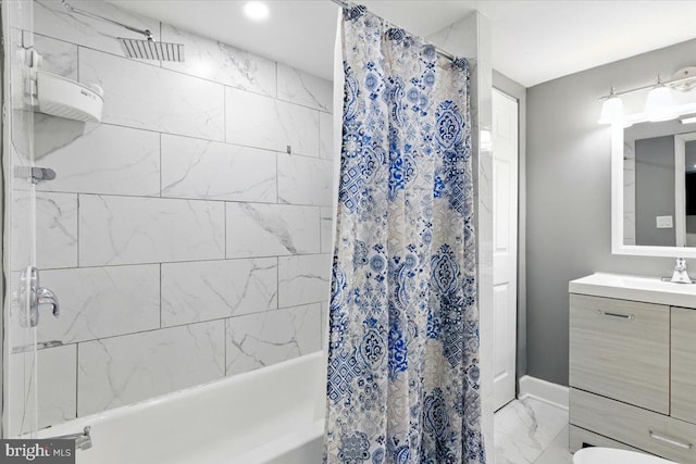 1209 Chapel Oaks Dr, Capitol Heights, MD 20743 - bathroom with vanity, shower / bath combo, and marble look tile flooring