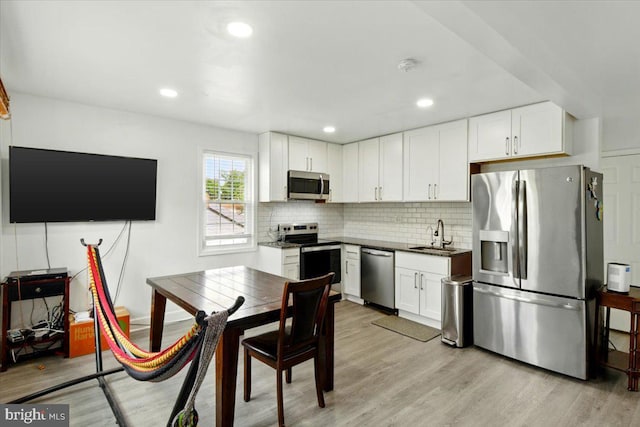 1209 Chapel Oaks Dr, Capitol Heights, MD 20743 - kitchen with stainless steel appliances, white cabinetry, light wood-style floors, backsplash, and recessed lighting