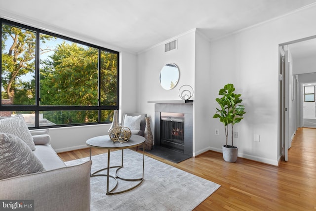 2605 39th St NW Unit 303, Washington, DC 20007 - living room with ornamental molding, wood finished floors, a fireplace with flush hearth, and baseboards