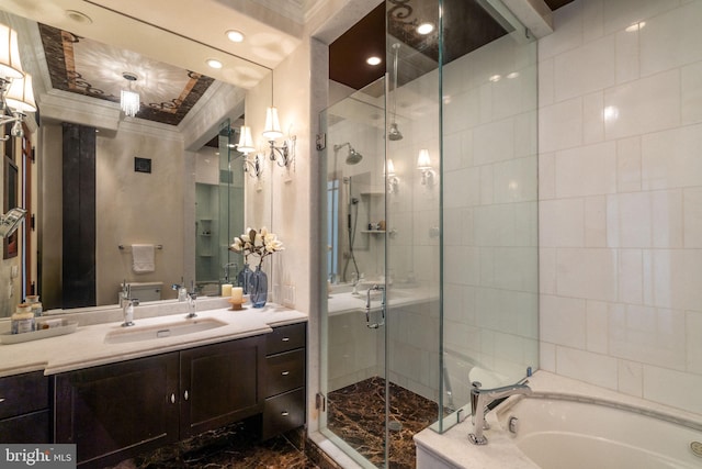 1830 Rittenhouse Sq Unit 11C, Philadelphia, PA 19103 - full bath with marble finish floors, vanity, a stall shower, a bath, and ornamental molding