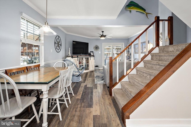 11602 Seaward Rd Unit 8, Ocean City, MD 21842 - dining space with wood finished floors, crown molding, ceiling fan, and stairway