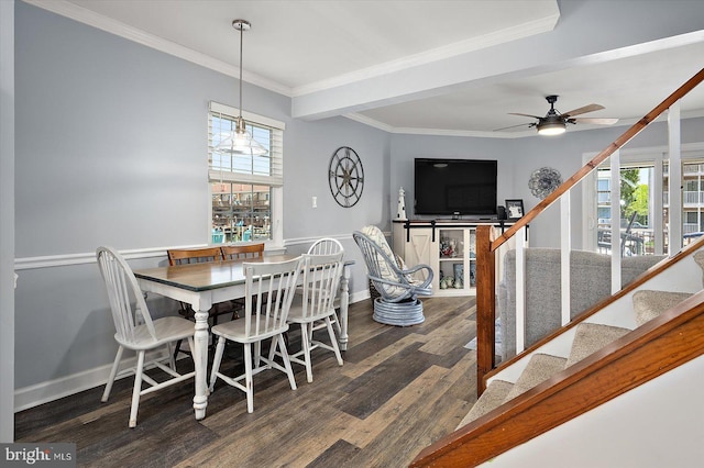 11602 Seaward Rd Unit 8, Ocean City, MD 21842 - dining room with wood finished floors, stairway, ornamental molding, a ceiling fan, and baseboards
