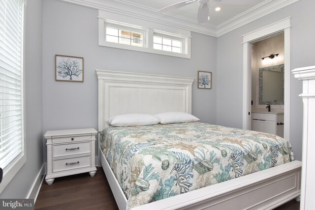 3 Laurel St, Rehoboth Beach, DE 19971 - bedroom with dark wood-style floors, crown molding, baseboards, recessed lighting, and ensuite bathroom