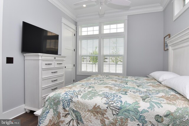 3 Laurel St, Rehoboth Beach, DE 19971 - bedroom with ornamental molding, dark wood-style floors, baseboards, and ceiling fan