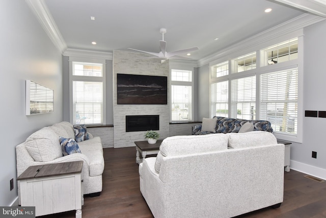 3 Laurel St, Rehoboth Beach, DE 19971 - living room featuring crown molding, a ceiling fan, plenty of natural light, dark wood-style floors, and recessed lighting