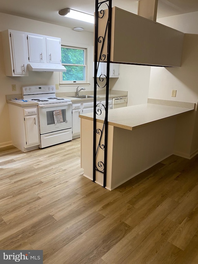 204 Marion Ave, Carlisle, PA 17013 - kitchen featuring white range with electric cooktop, under cabinet range hood, a peninsula, and white cabinetry