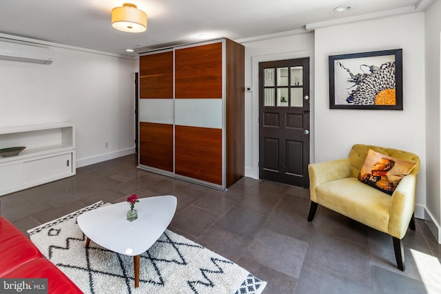 2539 Aquetong Rd, New Hope, PA 18938 - tiled living area with an AC wall unit, recessed lighting, ornamental molding, and baseboards