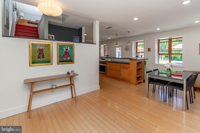 2539 Aquetong Rd, New Hope, PA 18938 - dining room with recessed lighting, light wood-style floors, baseboards, and stairway