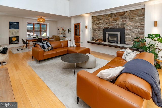 2539 Aquetong Rd, New Hope, PA 18938 - living room featuring a fireplace, wood finished floors, and recessed lighting