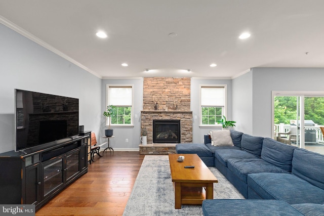 1509 Blakes Legacy Dr, Bel Air, MD 21014 - living area featuring a stone fireplace, plenty of natural light, crown molding, wood finished floors, and recessed lighting